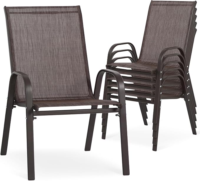 Outdoor Stackable Chairs Set of 6, Stacking Patio Chairs with Textilene Fabric, Outside Furniture for Garden Backyard Balconie Poolside Deck, Brown by Villeston