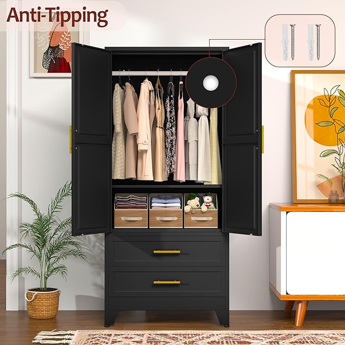 winiowa Metal Armoire Wardrobe Closet with 2 Drawers, 71" Wardrobe Cabinet with Adjustable Shelves and Hanging Rod, Clothing Storage Cabinet Closet for Bedroom-Black