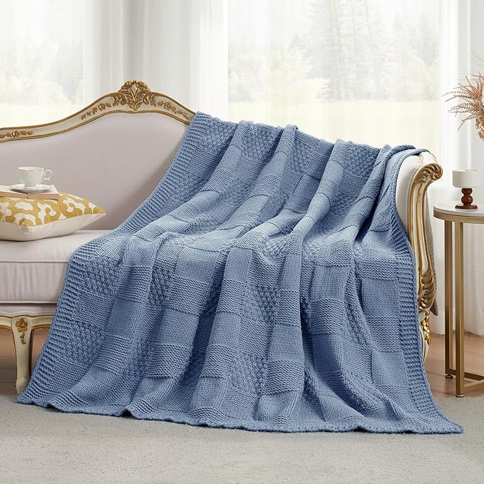Amélie Home Knit Throw Blanket, Soft Chenille Cozy Breathable Checkered Chunky Decorative Blanket for Couch, Bed & Sofa, French-Inspired Lightweight Warm Gift for Women, Washed Blue, 50"x60"