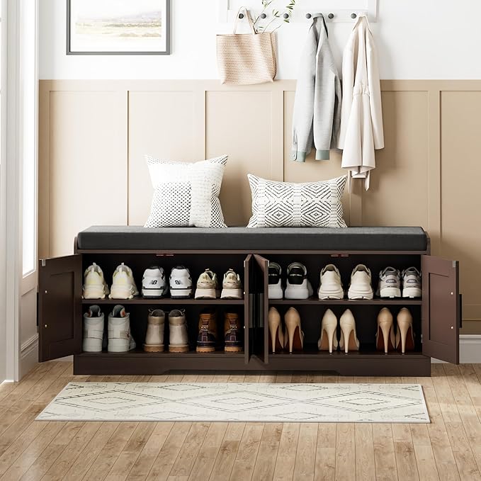 Homleke 2-Tier Storage Bench, Shoe Bench with Thickened Padded Seat Cushion, Entryway Bench with 4 Doors, Adjustable Shelf, 13.8" D x 45.3" W x 18.5" H, for Entryway, Living Room, Bedroom, Brown - Image 4
