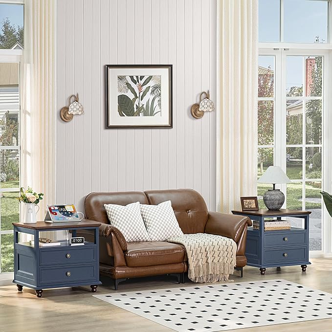 Joaxswe Farmhouse Nightstand Set of 2 with Charging Station, 24" Wide End Table with 2 Drawers,Wood Dresser for Bedroom,Bed Side Table Chest of Drawers Cabinet,Navy BlueNight Stand for Living Room - Image 4