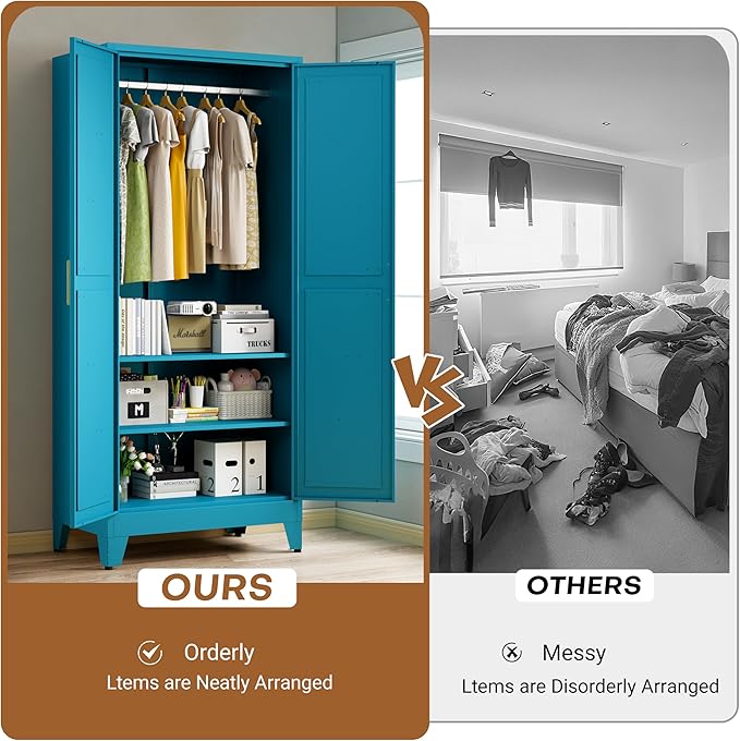 Metal Armoire Wardrobe Closet with Hanging Rod, 71'' Metal Wardrobe Cabinets with 2 Doors and Adjustable Shelves, Bedroom Armoires, Laundry Room Clothing Storage Cabinet, Office Wardrobes