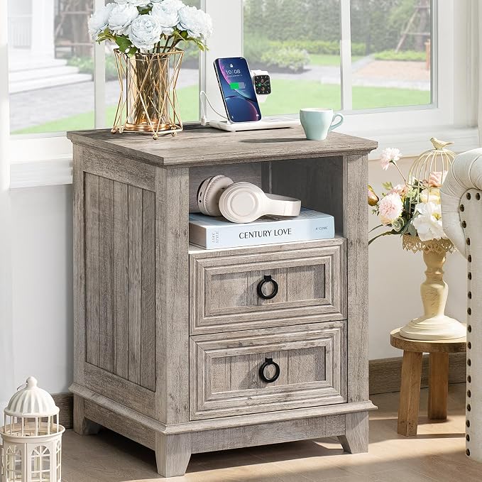 Joaxswe 18" Farmhouse Night Stand with Charging Station, 2 Drawers End Table Dresser for Bedroom, Oak Wooden Nightstand, Bed Side Table with Open Shelf, Bedside Cabinet for Living Room, Closet by Joaxswe