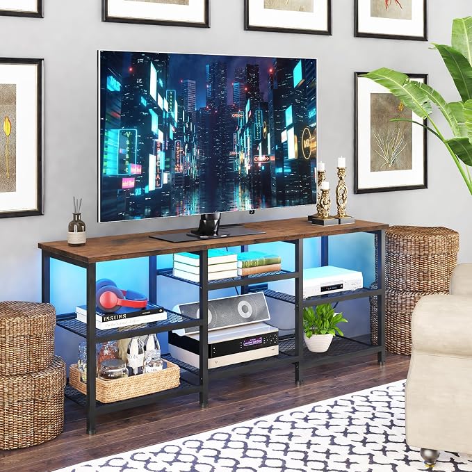 YGEOMER TV Stand for Living Room TVs Up to 55 Inches, Entertainment Center with Power Outlet and LED Lights Open Storage Shelves, TV Console for Bedroom, Rustic Brown - Image 6