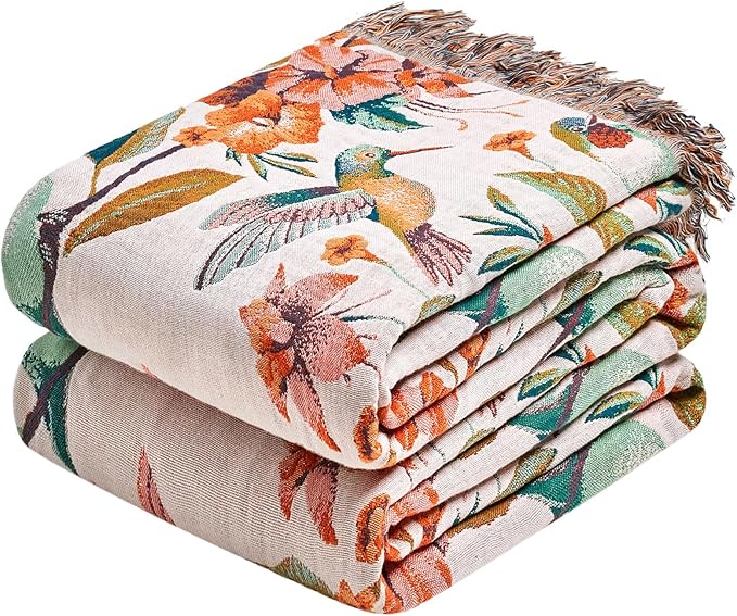 Boho Throw Blanket - 90"x90" 100% Cotton Ultra Soft Lightweight Spring Blanket, 4-Layer Breathable Muslin Blankets for Bed Couch, Reversible Blue Floral Bird Printed Bohemian Cotton Quilt