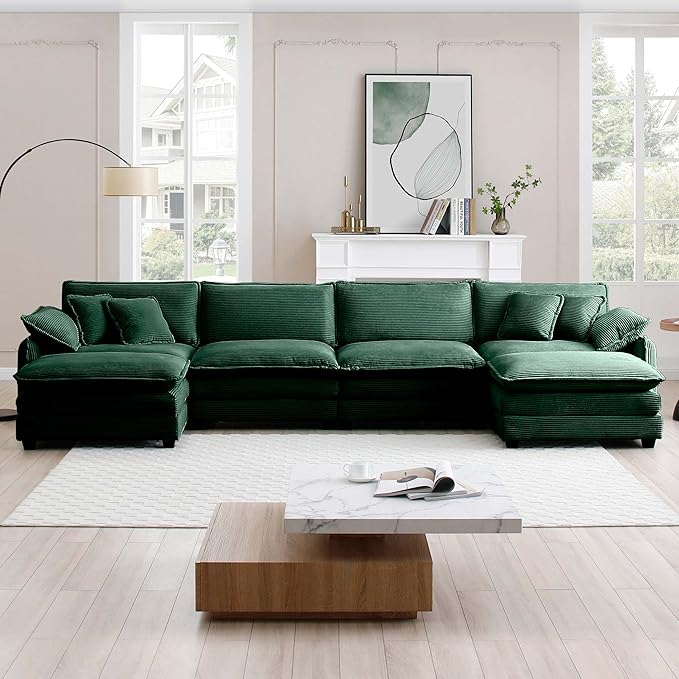 KEIKI 150" U-Shaped Oversized Corduroy Modular Sectional Sofa with 2 Ottoman, High-Density Foam Cushions, Removable Armrests, Upholstered 4-Seater Corner Couch with 6 Pillow, for Living Room, Green