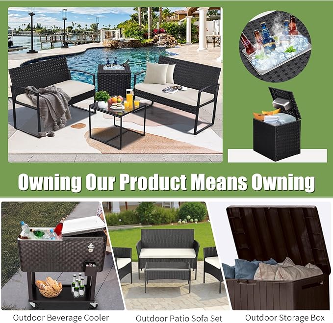 FHFO 4 Piece Outdoor Patio Furniture Set with Built-in Beverage Cooler Storage Box, Wicker Conversation Sets Patio Outdoor Loveseats & Coffee Table for Outside, Garden, Balcony, Porch, Black/Beige