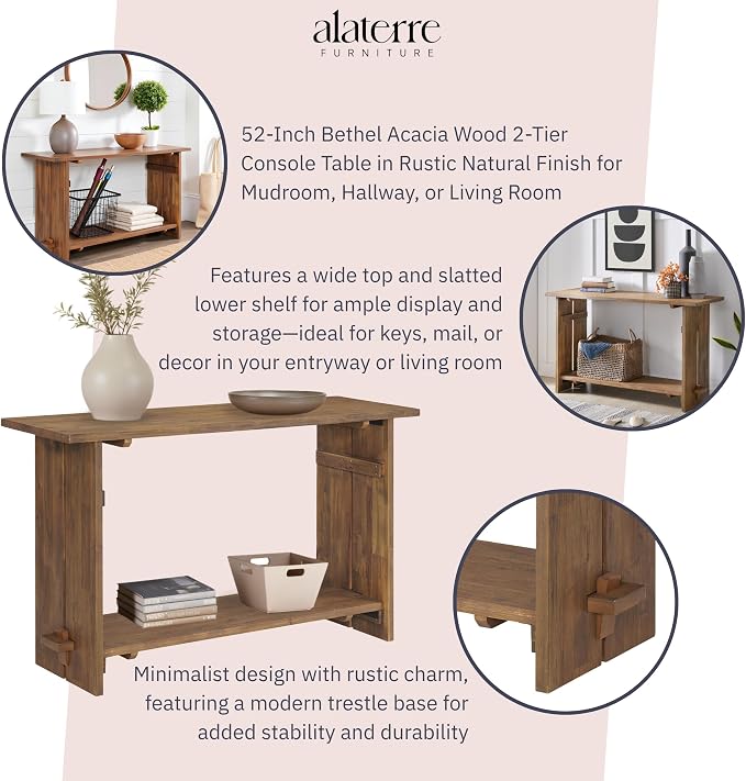Alaterre Furniture Bethel Console Table with Lower Shelf for Storage – Rustic Farmhouse 52-Inch Solid Wood Sofa Table for Living Room, Mudroom, Foyer or Hallway (Natural Aged Brown) - Image 4