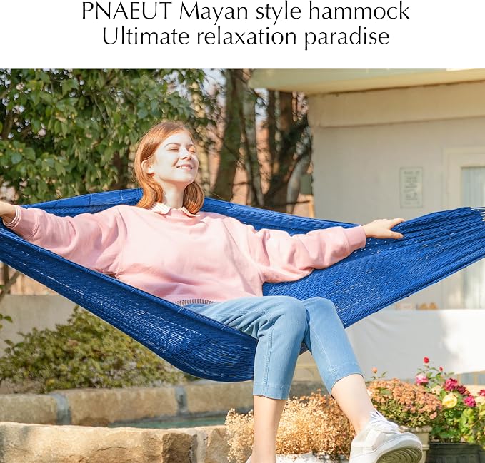 PNAEUT Handwoven Mayan Hammock, Thick Soft Rope Double Hammock for Outdoor Outside & Indoor, 600 lbs Capacity Heavy-Duty, Includes Tree Straps, Carabiners & Carrying Bag (Navy Caribe, X-Large) - Image 3