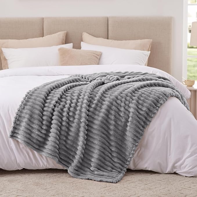 EXQ Home Fleece Throw Blanket for Couch or Bed - 3D Stripe Jacquard Decorative Blankets - Cozy Soft Lightweight Fuzzy Flannel Blanket Suitable for All Seasons(50"??60",Light Grey)
