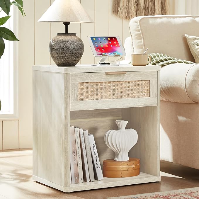 LEYAOYAO Rattan Nightstand with Charging Station, 23" Wide Boho Night Stand with Drawer, Grey White Bedside Table Open Storage Cabinet, Bed Side End Tables Dresser for Bedroom, Living Room, Hallway by LEYAOYAO-Findtheshiningpointofyourideallife%EF%BC%81