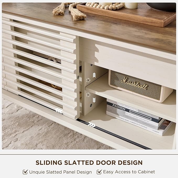 OKD Lift Top Coffee Table Sliding Slatted Door, 48" Mid Century Modern Wood Center Table Hidden Storage Compartment & Adjustable Shelf, Lift Tabletop Dining Table for Living Room,Antique White