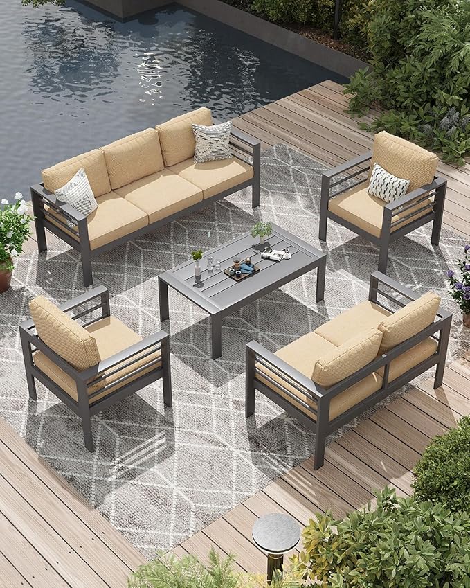AECOJOY Aluminum Patio Furniture Set, 7 Seats Modern Outdoor Furniture with Coffee Table, 5 Pieces Metal Conversation Sectional Sofa, Beige