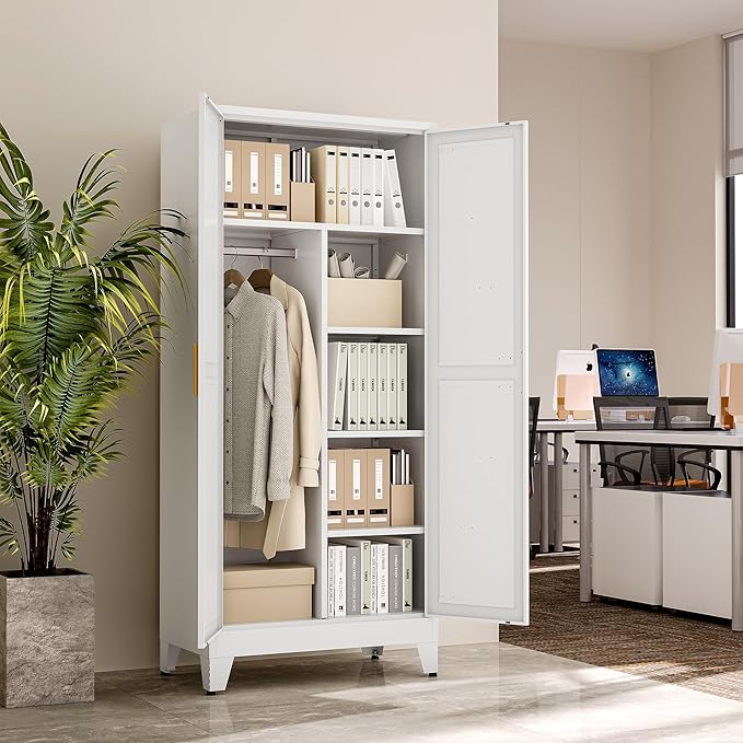 71" Tall Metal Armoire Wardrobe Closet, Clothing Storage Cabinet, Freestanding Wardrobe Cabinet with 4 Adjustable Shelves for Bedroom, Office, Garage