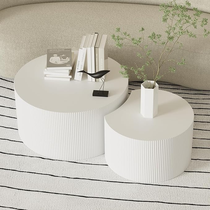 kevinplus 55.12'' White Round Nesting Coffee Table Set of 2, Modern Side End Table for Living Room, Contemporary Wood Circle Embossed Crescent Design, No Assembly, White