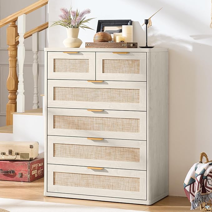 LEYAOYAO White Dresser for Bedroom, 41" Tall Chest of Drawers, Modern 6 Drawers Boho Rattan Dressers with Storage, Dresser Wooden Closet Organizer for Living Room, Hallway - Image 9