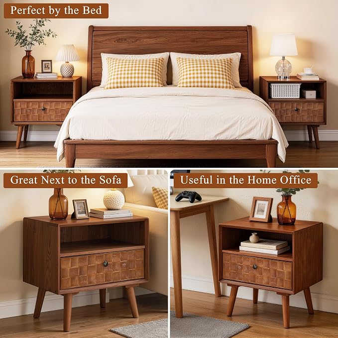 22" Mid-Century Modern Wood Nightstand with Carved Geometric Drawer Front, 1 Drawer and Open Shelf, Solid Wood Legs, Bedside Table for Bedroom (1, 1 Pc Warm Walnut) - Image 6
