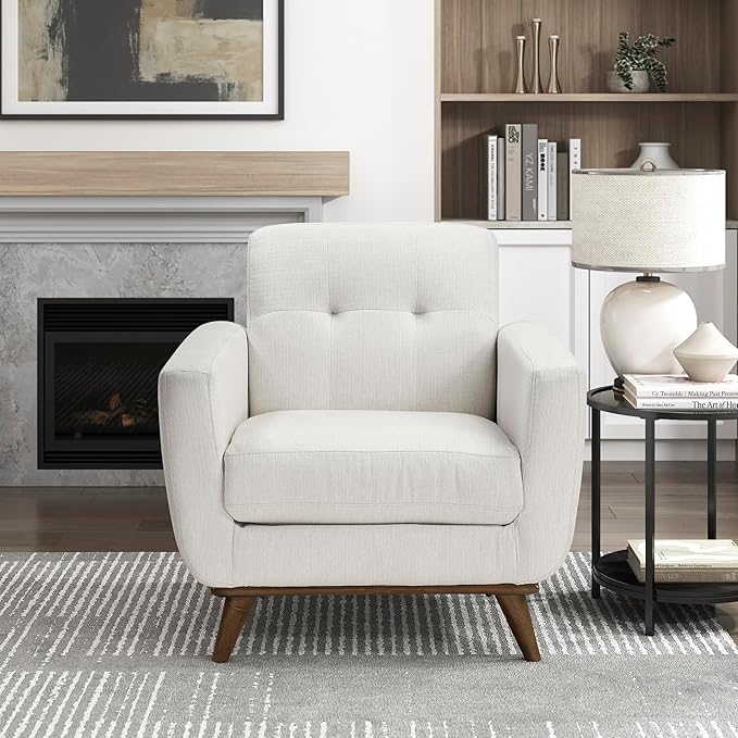 Lexicon Modern Accent Chair, Textured Fabric Upholstered Armchair with Brown Wood Legs, Track Arms, Tufted Chair Back for Living Room/Office/Waiting Room, Beige