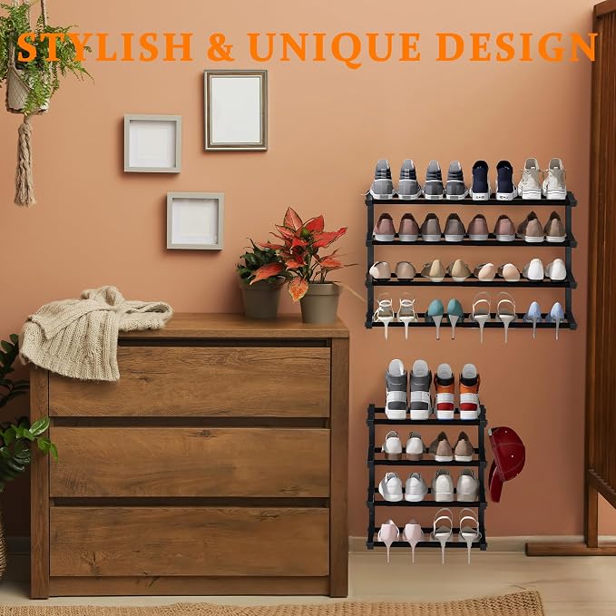 2 Pack Wall Mounted Shoe Rack, 4 Tier Hanging Shoe Rack Holds 32 Pairs, 17"-30"Adjustable Heavy Duty Wall Shoe Shelf with 4 Storage Hooks, Space Saving for Closet Entryway, Black, Patent Pending - Image 5