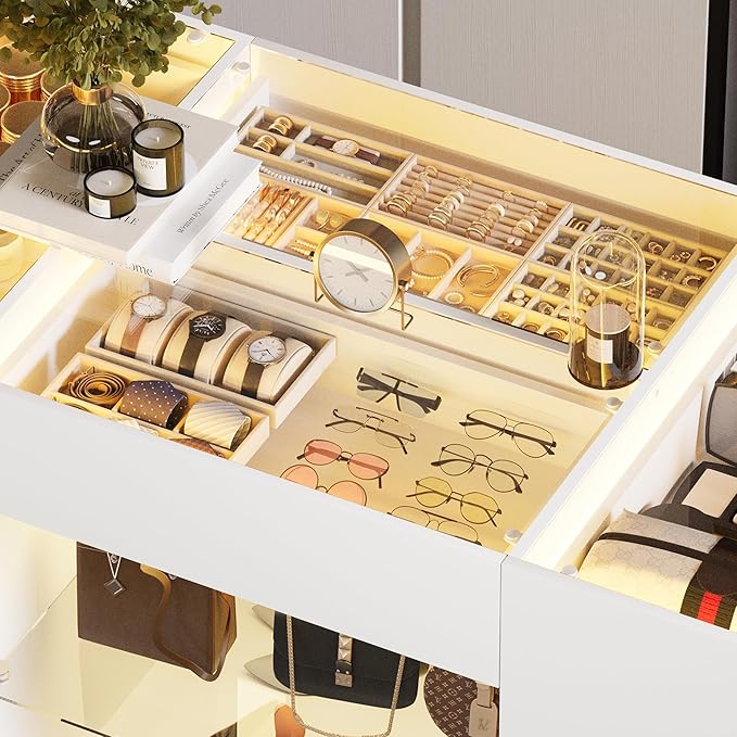 Kikihouse Modern Closet Island with 10 Drawers, LED Wardrobe Armoire Island with Glass Top, Luxury Walk-in Closet Island Storage Cabinet with Display Shelf for Cloakroom, Dressing Room (White)