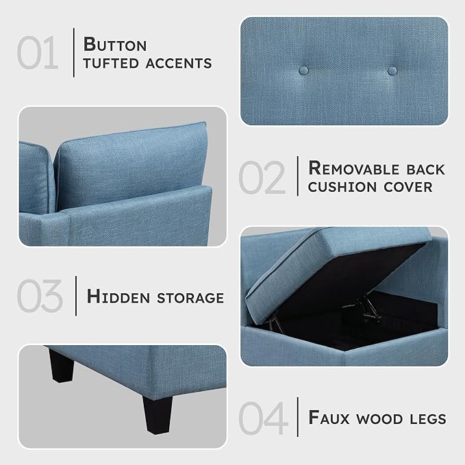 Lexicon Modern Modular Corner Chair with Hidden Storage, Textured Fabric with Button-Tufted Design, Reversible Back Cushion for Living Room/Bedroom/Office, Blue