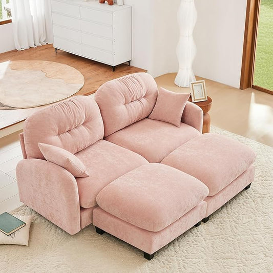 KEIKI 74" Oversized Chenille Modular Sectional Loveseat Sofa with 2 Ottoman, High-Density Foam Cushions, Tufted Pleated Cushion Backrest, Modern 2-Seater Couch with 2 Pillow, for Living Room, Pink