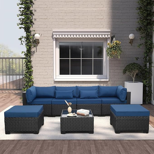 7 Pieces Outdoor PE Wicker Furniture Set Patio Rattan Sectional Conversation Sofa Set with Navy Blue Cushions and Glass Top Table