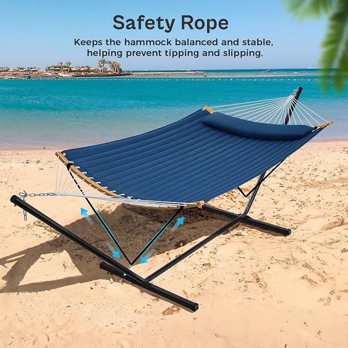SUPERJARE Curved-Bar Hammock with Stand, 2 Person Heavy Duty Hammock Frame, Detachable Pillow & Portable Carrying Bag, Perfect for Outdoor & Indoor, Navy Blue - Image 5