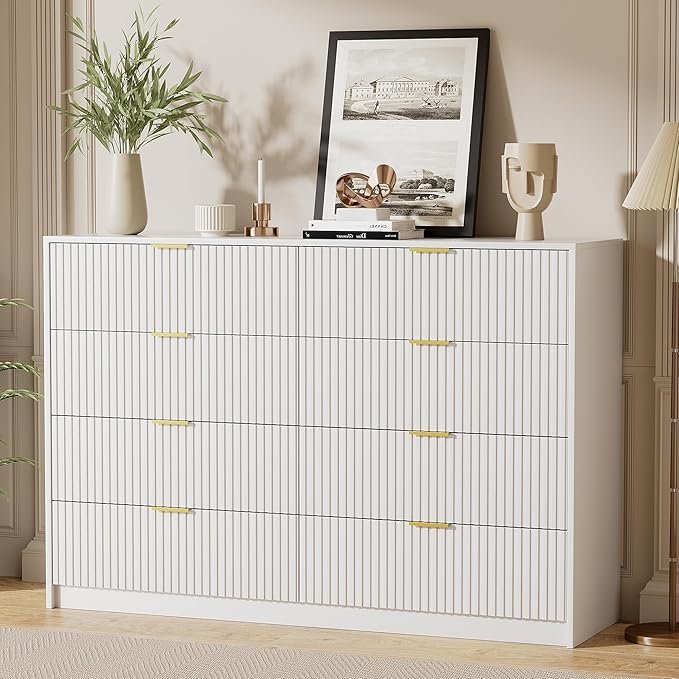 Furniway White Dresser Bedroom Set 3 Pieces, Nightstands Sets of 2, 8 Drawer Dresser with Gold Handles for Bedroom
