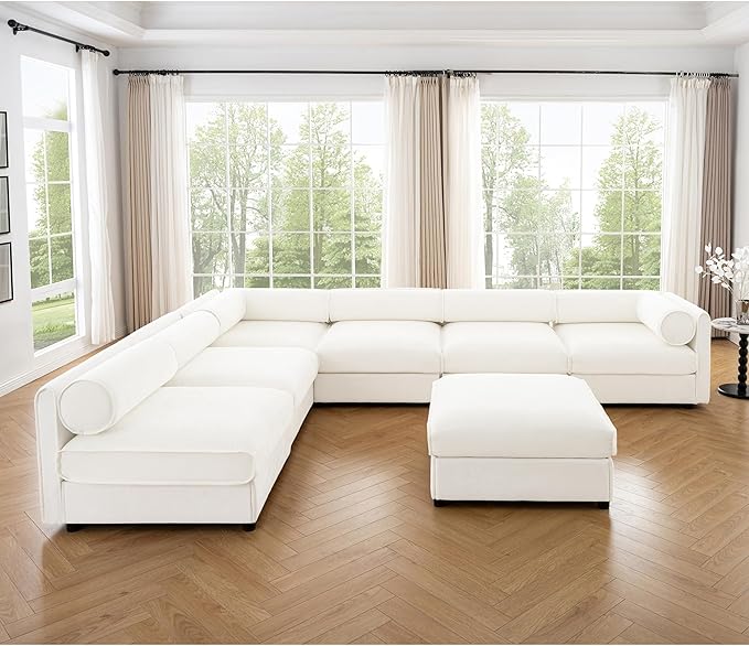 KEIKI 143" Large Modular Chenille Sectional Sofa with Storage Seat, 1 Ottoman, Modern Style 6-Seater Couch with Cylindrical Backrest and 1 Armrests, Easy Assembly, for Apartment, Living Room, White