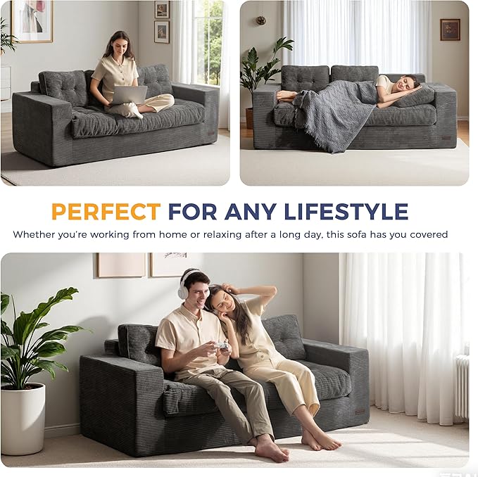 MAXYOYO Oversized Loveseat Sofa Couch, Upholstered Bean Bag Chair Cloud 3-Seat for Adults, Boneless Couch with Tufted Cushion & Pillows, Sofa in A Box, No Assembly Required, Dark Grey