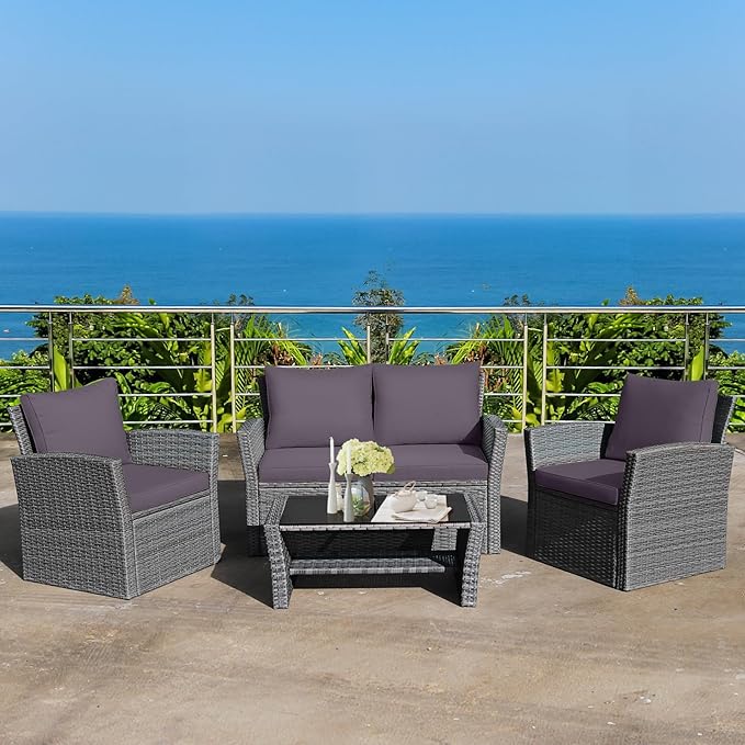 COSTWAY 4 Pieces Patio Rattan Furniture Set, Outdoor Wicker Sofa Set with Tempered Glass Coffee Table, Cushions, All Weather Rattan Conversation Set for Yard Balcony Backyard Pool (Grey)