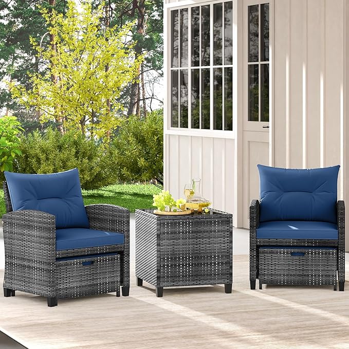 Tangkula 5 Pieces Patio Conversation Set, PE Wicker Rattan Outdoor Furniture Set with 2 Chairs, 2 Ottomans & Tempered Glass Coffee Table, Ideal for Poolside, Backyard, Lawn, Deck, Mix Grey & Navy