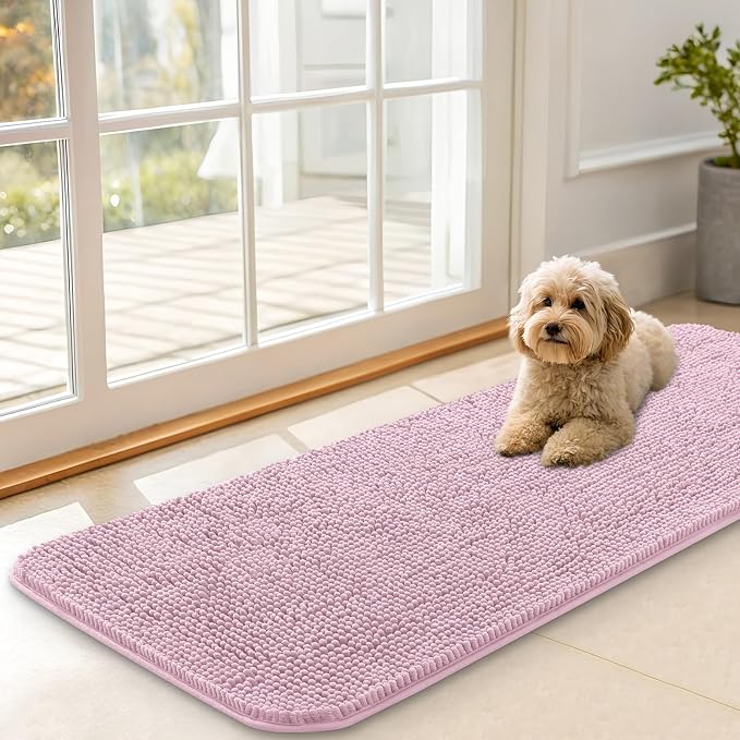 OLANLY Dog Door Mat for Muddy Paws 47x17, Absorbs Moisture and Dirt, Absorbent Non-Slip Washable Doormat, Quick Dry Chenille Mud Mat for Dogs, Entry Indoor Entryway Carpet for Inside Floor, Dusty Rose by OLANLY