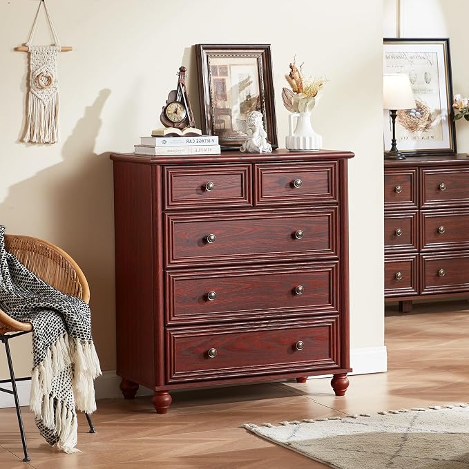 RWYHG Farmhouse 5 Drawer Dresser for Bedroom, 35.5" Tall Small Dressers & Chest of Drawers, Rustic Wood Dresser with Roman Column, Storage Organizer for Living Room, Hallway, Closet (Red Oak) - Image 7