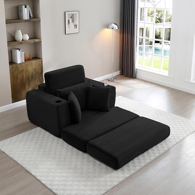 Eafurn 52.4" Oversized Chaise Lounge Indoor with Foldable Ottoman Convertible Boneless Sleeper Sofa Bed, Deep Seat Lounge Chair with Cup Holder & Side Pocket, No Assembly for Living Room | Breathable material, Cupholders
