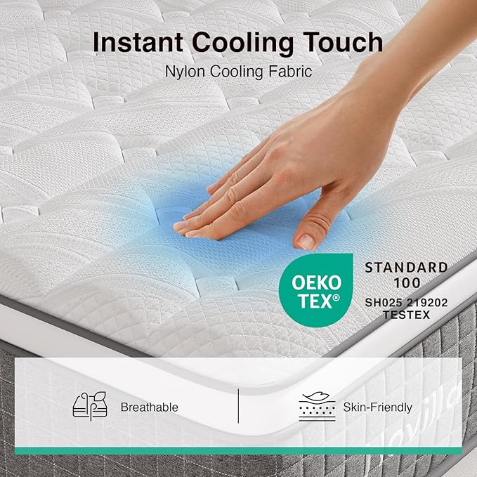 Novilla 10 Inch Twin Size Hybrid Mattress, Medium Plush, Individually Wrapped Coils & Gel Memory Foam, Cool-Touch Nylon Cover, Grey, CertiPUR-US Certified