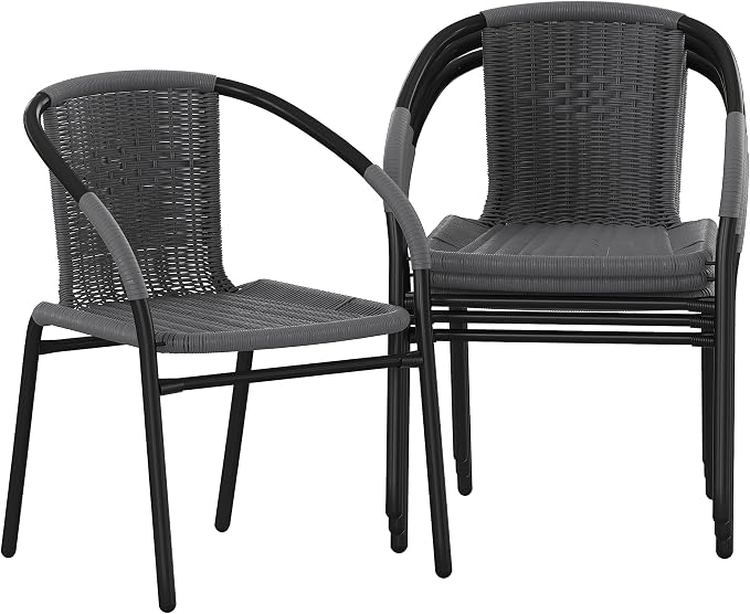 EMMA + OLIVER Set of 4 Modern Rattan Indoor/Outdoor Stack Chairs, Stacking Rattan Patio Chairs with Curved Back and Cross Bracing, Gray - Image 3