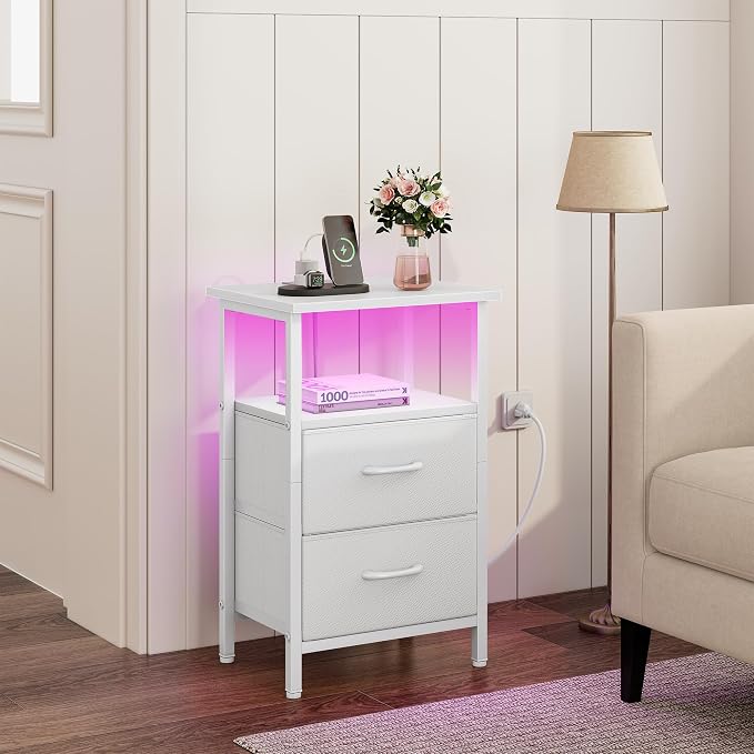 Vagusicc Nightstand Set of 2 with Charging Station, Bed side tables bedroom set of 2 with LED Lights, White Night Stands with 2 Fabric Drawers, 24.2" Tall Bedside Tables with Storage Shelf for Bedroom - Image 5