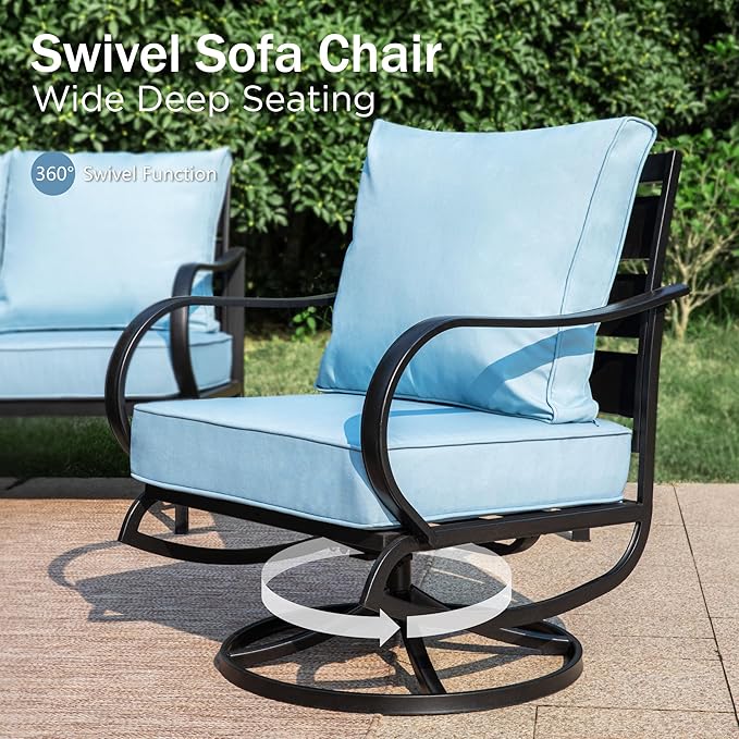 PHI VILLA 4 Piece Patio Furniture with Metal FirePit Table, 1 x 3-Seat Wide Deep Seating Bench & 2 x Swivel Sofa Chairs, 5.75" Thick Cushioned Outdoor Conversation Set for 5, Light Blue