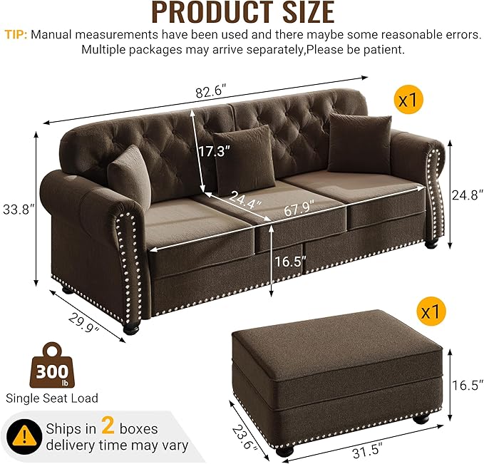 KEIKI 83" Velvet Chesterfield Sofa with Rolled Arms & Nailhead Trim & 1 Ottoman, Modern 3-Seater Button Tufted Couch with High Resilience Cushion & 3 Pillow, Easy Assembly, for Living Room, Brown