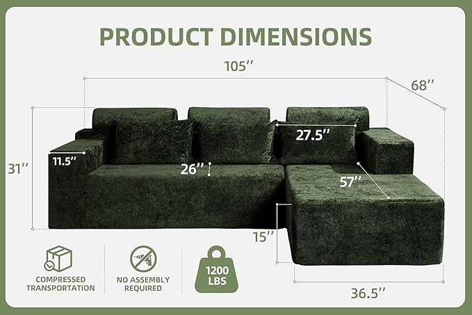 Homguava Modular Sectional Couches for Living Room,105" Cloud Couch with L-Shape Chaise,Comfy Sofa Living Room Couch with Deep Seat,No Assembly L Couch,Luxury Distressed Velvet(Green,R)