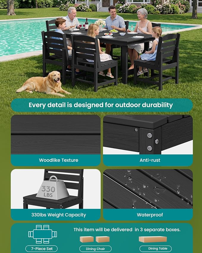 SERWALL Patio Dining Sets for 6 Person, HDPE Dining Set with 6 Armless Chairs, Black - Image 5