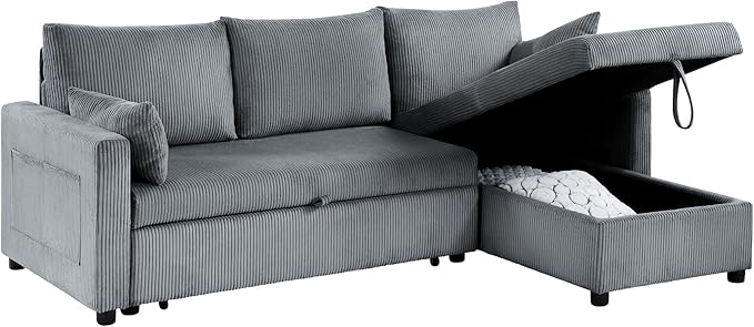 Queen Sleeper Sofa, Convertible Sofa Bed with Storage, 85 Inch Sectional Couch with Pull Out Bed, L Shaped 3 Seat Sectional Sleeper Sofa for Living Room, Apartment, Grey