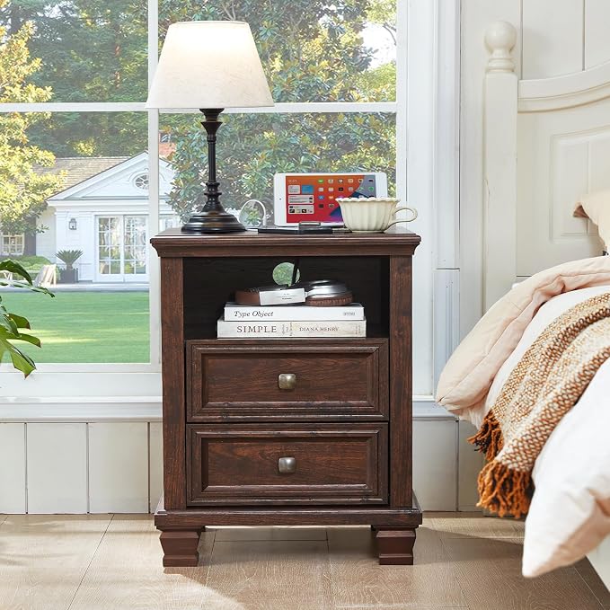 SAVOR LIFE Farmhouse Nightstand Set of 2 with Charging Station, Rustic Brown Nightstand, 2 Drawers End Table, Bedside Table with Open Shelf for Bedroom, Walnut - Image 9