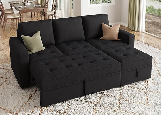 HONBAY Modular Sectional Sleeper Sofa with Pull Out Bed, L Shaped Couch with Storage Seat Sectional Couches for Living Room,Velvet Black