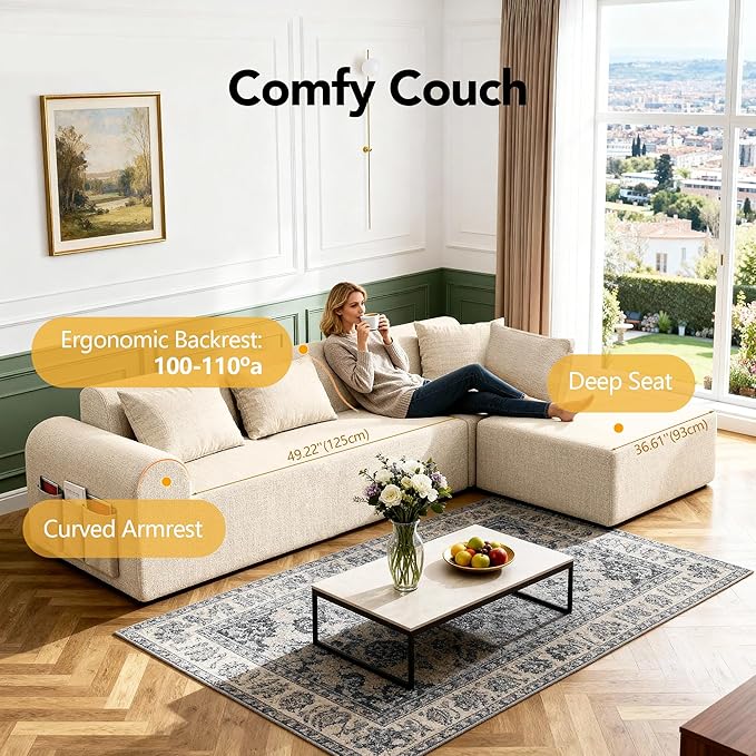 105.5” Cloud Modular Sectional Sofa, No Assembly Deep Seat L-Shaped Chenille Couch with Ottoman & 4 Pillows, 4-Seater for Living Room, Beige