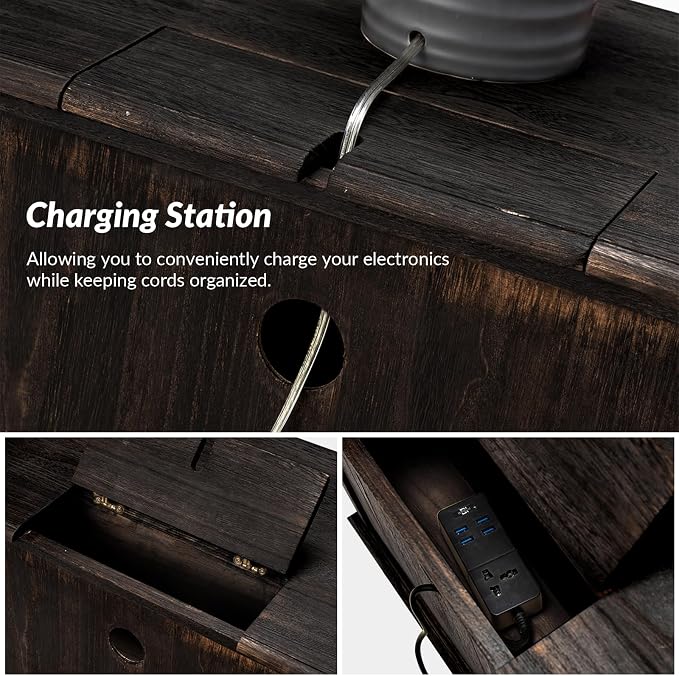 HULALA HOME Solid Wood End Table with Charging Station Space, Vintage Endtable with Wood Legs and 2 Drawers, French Side Table for Living Room, Charcoal - Image 3