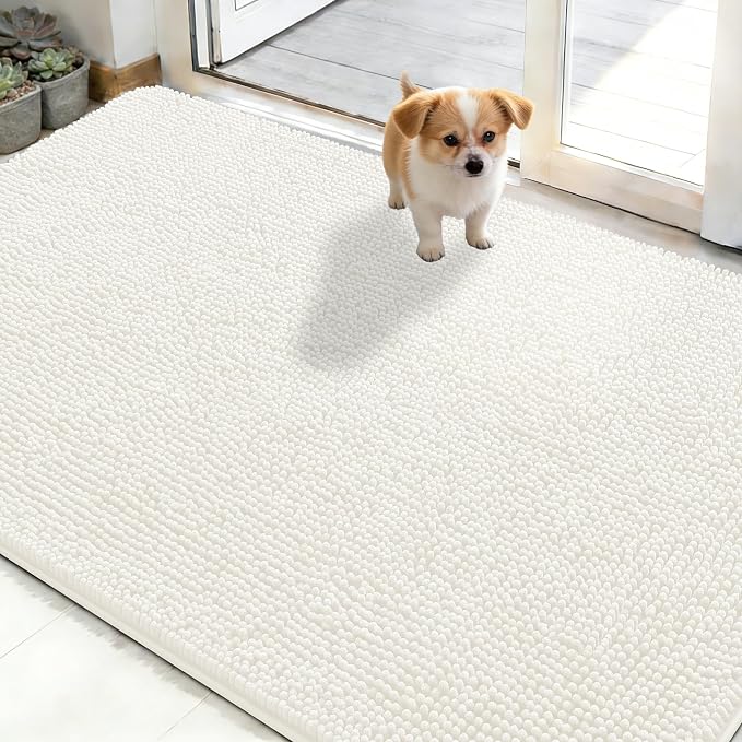 OLANLY Dog Door Mat for Muddy Paws 48x30, Absorbs Moisture and Dirt, Absorbent Non-Slip Washable Doormat, Quick Dry Chenille Mud Mat for Dogs, Entry Indoor Entryway Carpet for Inside Floor, Ivory by OLANLY