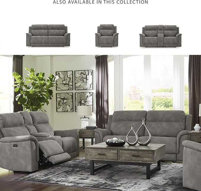 Signature Design by Ashley Contemporary Next-Gen DuraPella Power Recliner with Adjustable Headrest, One-Touch Control, Water Repellent Faux Leather, Gray